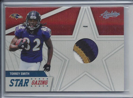 TORREY SMITH 2011 ABSOLUTE STAR GAZING 4 COLOR ROOKIE PATCH RC #D 13/50