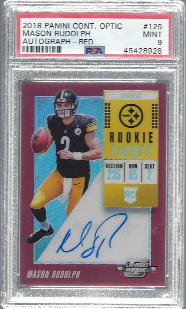 MASON RUDOLPH 2018 CONTENDERS OPTIC RED HOLO ON CARD AUTO RC #D /199 PSA 9 MINT