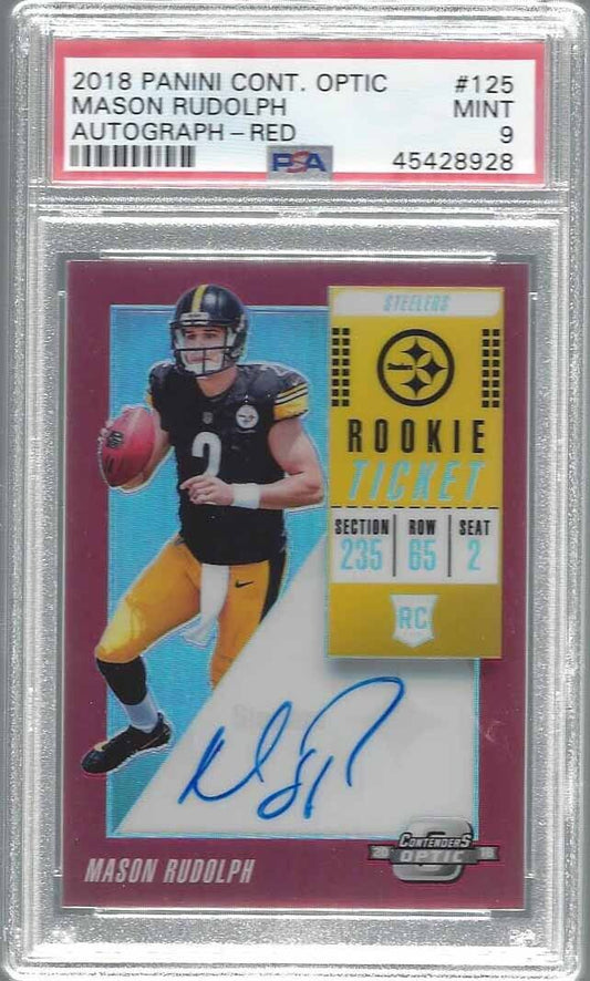 MASON RUDOLPH 2018 CONTENDERS OPTIC RED HOLO ON CARD AUTO RC #D /199 PSA 9 MINT