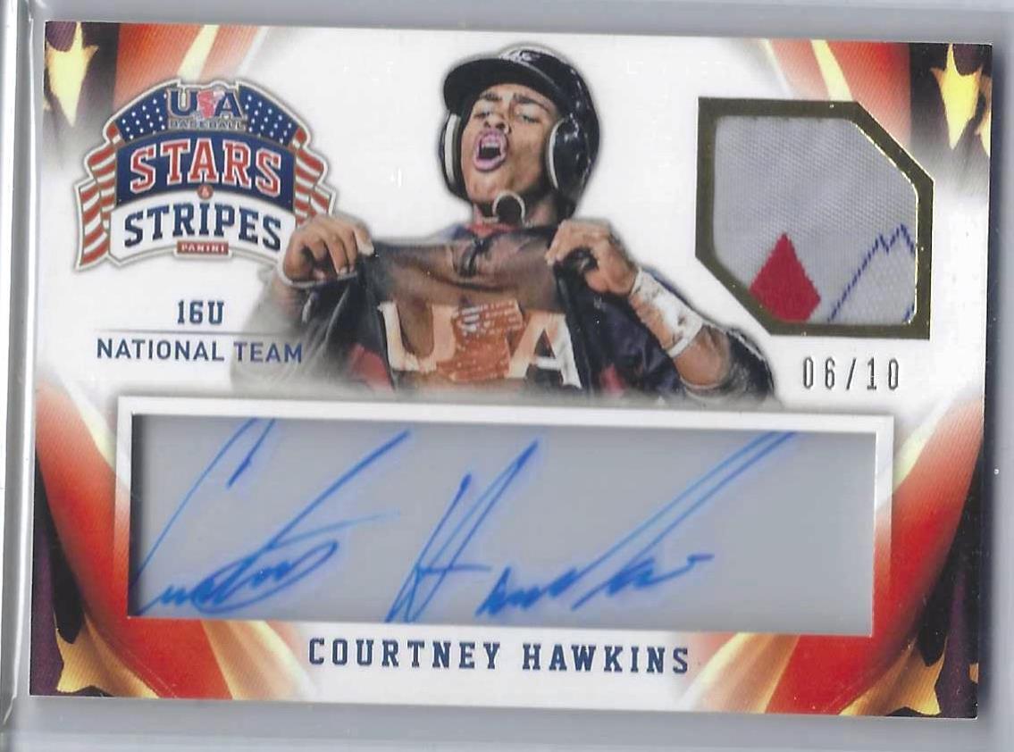 COURTNEY HAWKINS 2015 PANINI BASEBALL STARS & STRIPES MAJESTIC PATCH AUTO #d /10