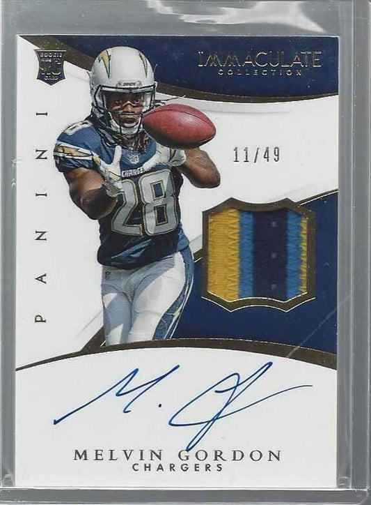 MELVIN GORDON 2015 IMMACULATE GOLD RPA 3 COLOR PATCH ON CARD AUTO RC #D 11/49
