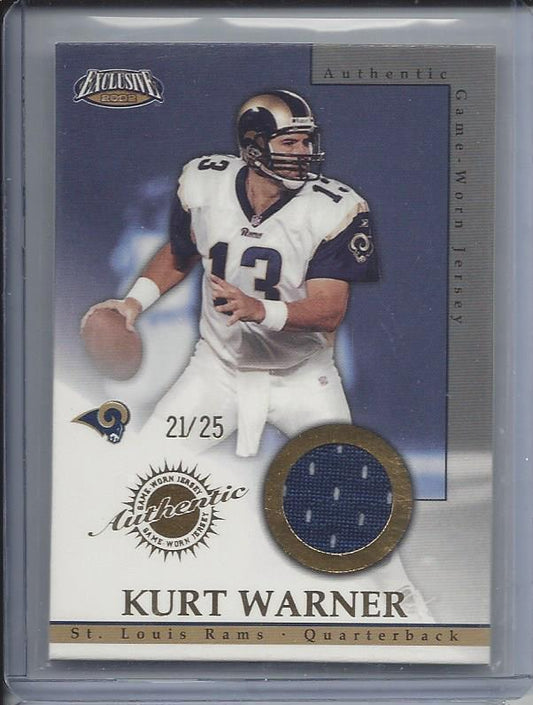 KURT WARNER 2002 PACIFIC EXCLUSIVE GOLD GAME WORN RAMS JERSEY #D 21/25