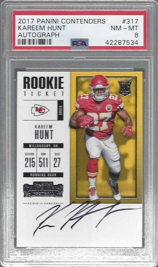 KAREEM HUNT 2017 PANINI CONTENDERS ROOKIE TICKET TRUE RC AUTO RC #317 PSA 8