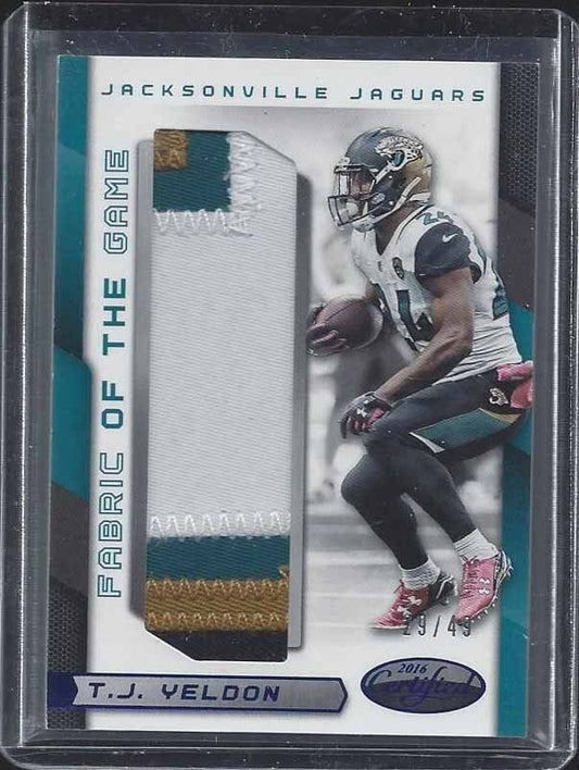 T.J. YELDON 2016 CERTIFIED FABRIC OF THE GAME JUMBO 4 COLOR JAGUARS PATCH #D /49