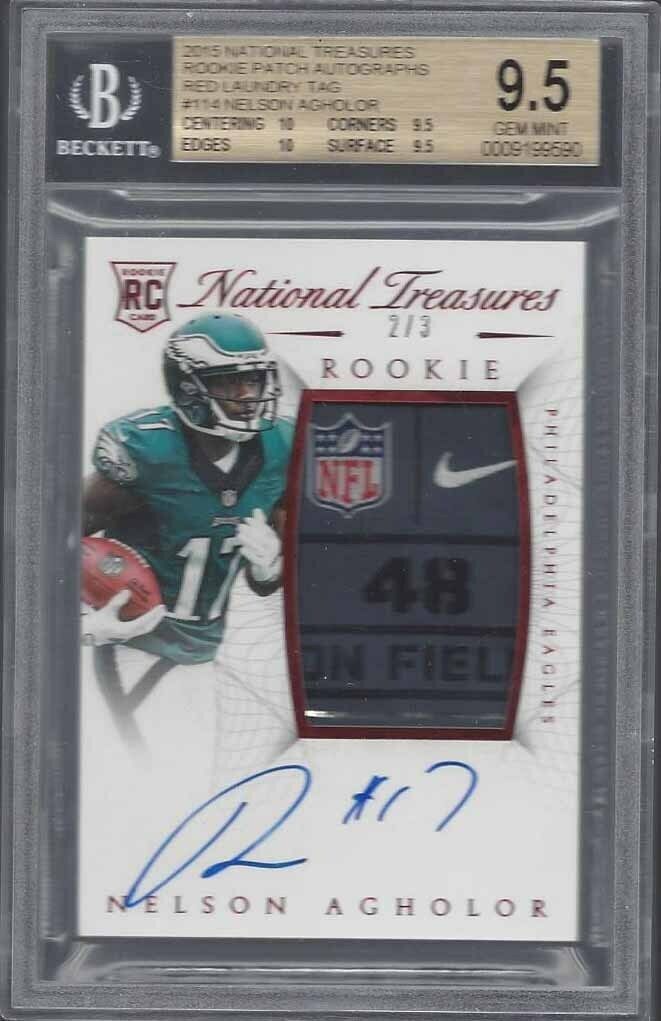 NELSON AGHOLOR 2015 NATIONAL TREASURES RED LAUNDRY TAG PATCH AUTO RC /3 BGS 9.5