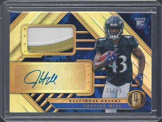 JUSTICE HILL 2019 GOLD STANDARD RAVENS ROOKIE 3 COLOR PATCH AUTO RC #D 11/19