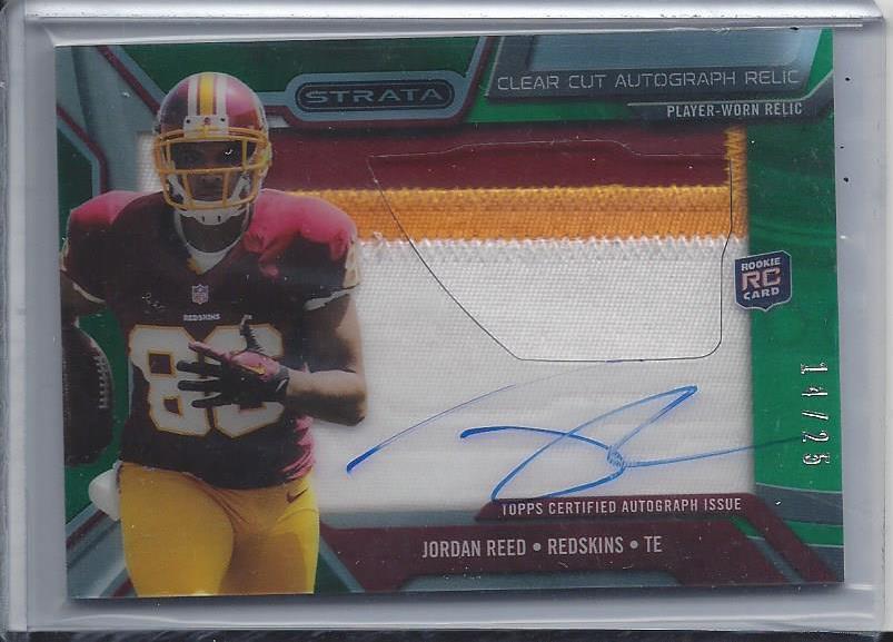 JORDAN REED 2013 TOPPS STRATA CLEAR CUT GREEN 3 COLOR PATCH AUTO RC #D 14/25
