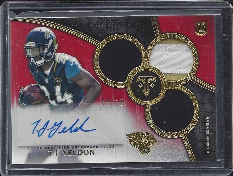 T.J. YELDON 2015 TOPPS TRIPLE THREADS RED TRIPLE JAGUARS PATCH AUTO RC #D 4/15