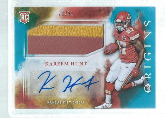 KAREEM HUNT 2017 PANINI ORIGINS TEAL RPA 3 COLOR PATCH AUTO ROOKIE RC #D 23/25