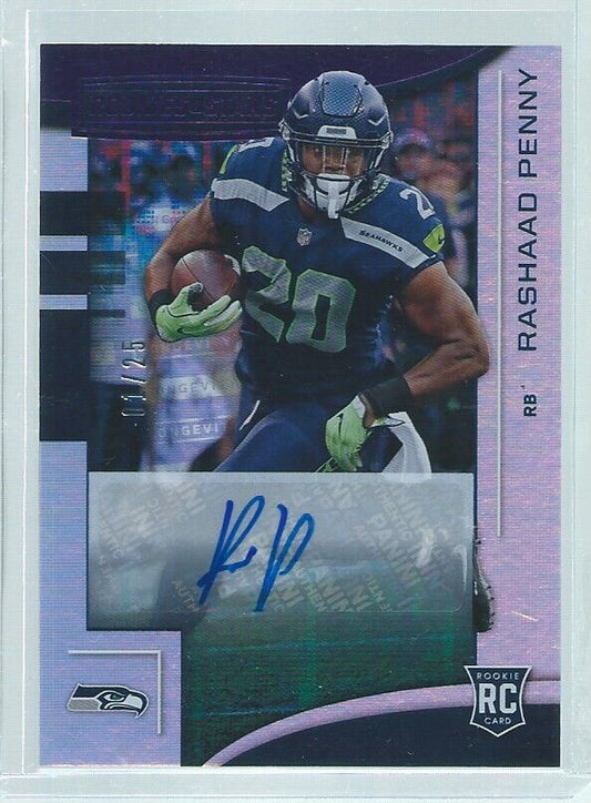 RASHAAD PENNY 2018 PANINI ROOKIES & STARS LONGEVITY AUTO PURPLE RC #D 10/25