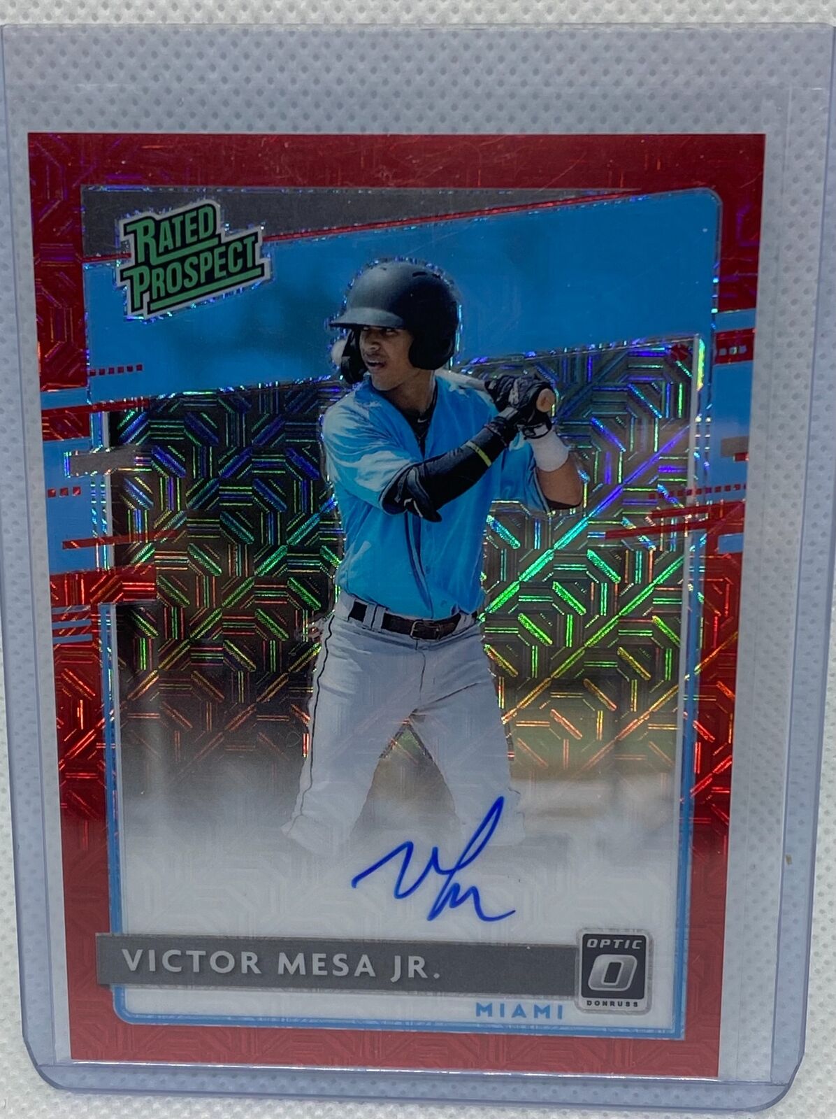 VICTOR MESA JR. 2020 PANINI DONRUSS OPTIC RATED PROSPECT RED HOLO AUTO #D 03/99