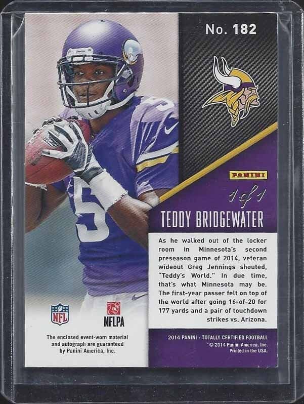 TEDDY BRIDGEWATER 2014 TOTALLY CERTIFIED BLACK RPA NIKE PATCH AUTO RC #D 1/1