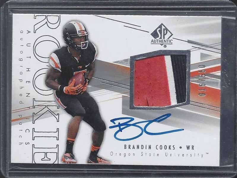 BRANDIN COOKS 2014 SP AUTHENTIC RPA 3 CLR ROOKIE PATCH ON CARD AUTO RC #D 16/550