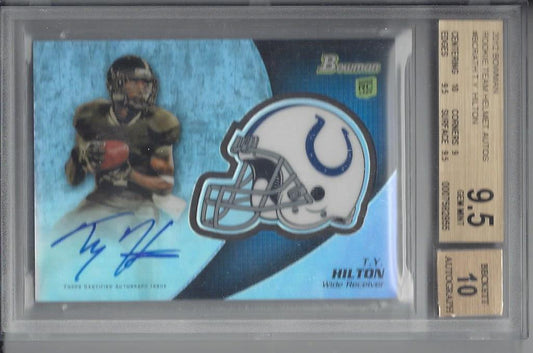 T.Y. HILTON 2012 BOWMAN CHROME TEAM HELMET REFRACTOR ON CARD AUTO RC BGS 9.5 10