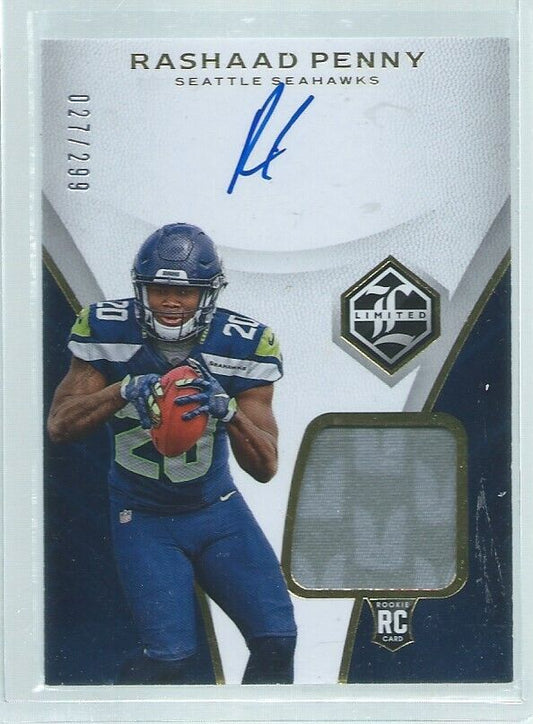 RASHAAD PENNY 2018 PANINI LIMITED 2 COLOR PATCH ON CARD AUTO RC #D 27/299