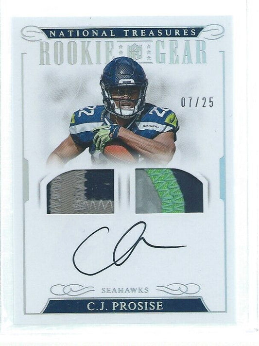 C.J. PROSISE 2016 NATIONAL TREASURES DUAL GEAR PATCH ON CARD AUTO RC #D 7/25