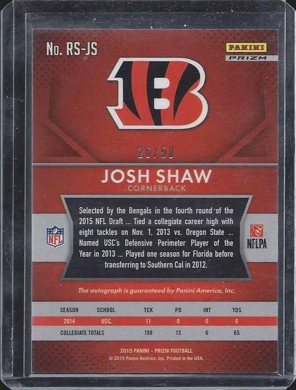 1/1 JOSH SHAW 2015 PANINI PRIZM PURPLE MOSAIC PRIZMS AUTO RC #D 26/50 JERSEY #26