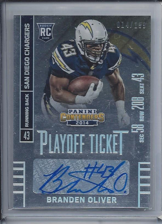 BRANDEN OLIVER 2014 CONTENDERS PLAYOFF TICKET CHARGERS ROOKIE AUTO RC #D 14/199