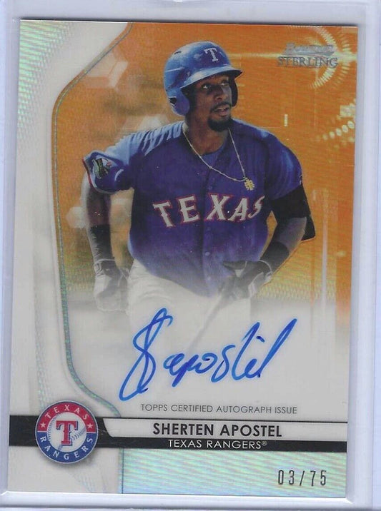 SHERTEN APOSTEL 2020 BOWMAN STERLING ORANGE REFRACTOR ON CARD AUTO #d /75