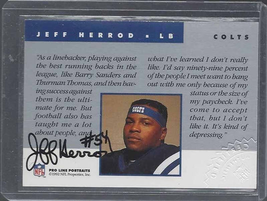 JEFF HERROD 1992 PRO LINE PORTRAITS COLTS ON CARD RARE AUTO w/ CRIMP