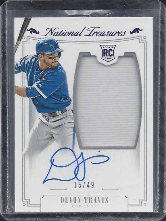 DEVON TRAVIS 2015 NATIONAL TREASURES PURPLE RPA JUMBO PATCH AUTO RC #D 15/49
