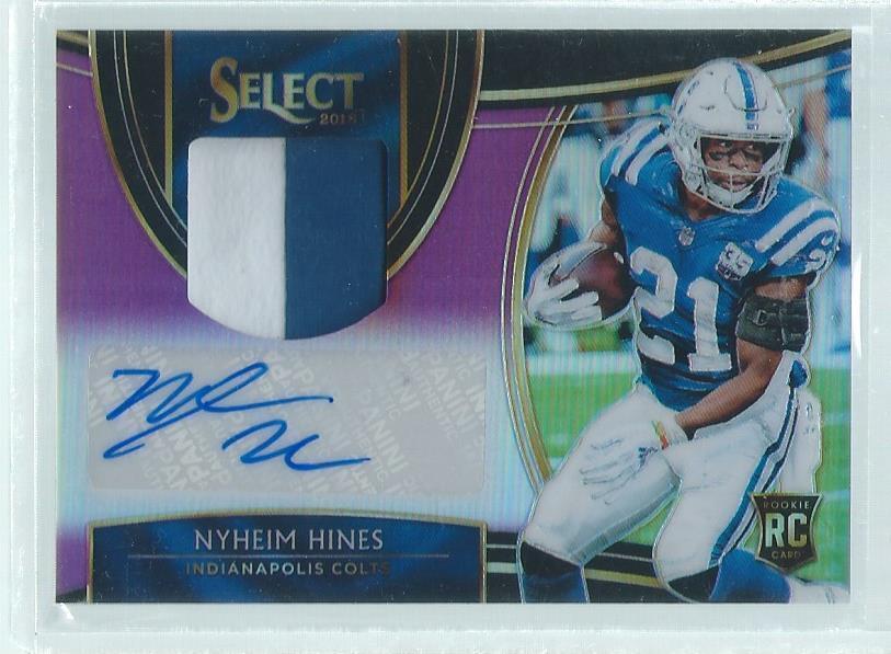 NYHEIM HINES 2018 PANINI SELECT PURPLE PRIZM 2 COLOR PATCH AUTO RC #D /49
