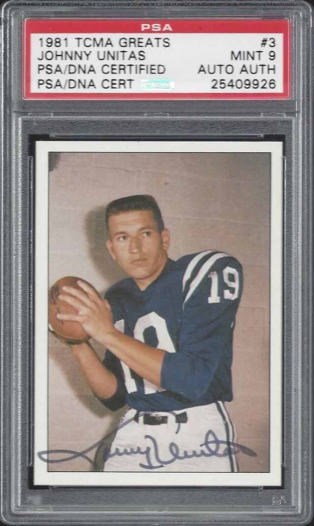 JOHNNY UNITAS 1981 TCMA GREATS ON CARD AUTO PSA 9 MINT PERFECT CARD REGRADE!