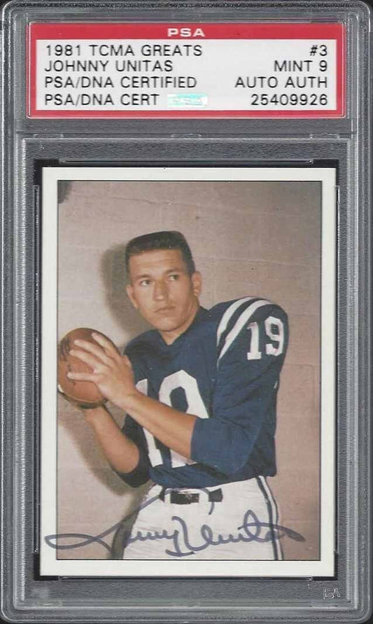 JOHNNY UNITAS 1981 TCMA GREATS ON CARD AUTO PSA 9 MINT PERFECT CARD REGRADE!