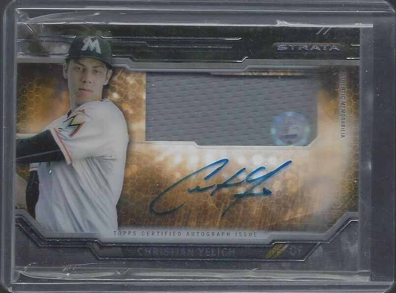 CHRISTIAN YELICH 2015 TOPPS STRATA CLEAR CUT JERSEY ON CARD AUTO