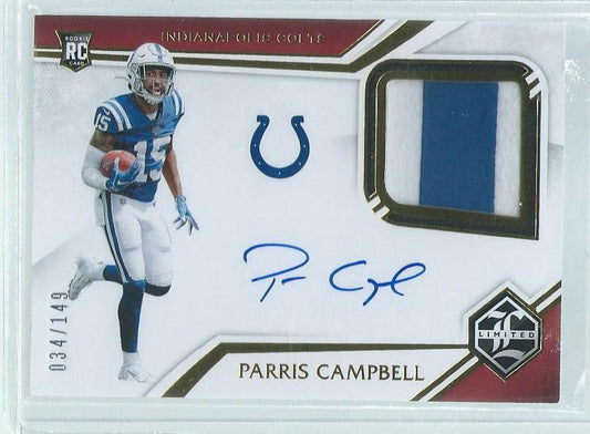 PARRIS CAMPBELL 2019 PANINI LIMITED 2 COLOR PATCH ON CARD AUTO RC #D 34/149