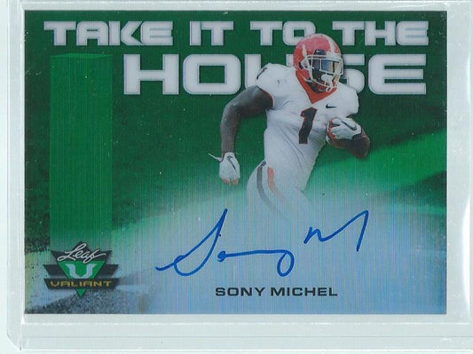 SONY MICHEL 2018 LEAF VALIANT TAKE IT TO THE HOUSE ON CARD AUTO GREEN RC #D 7/60