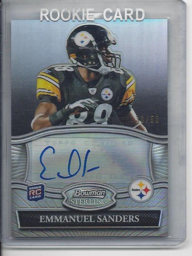 EMMANUEL SANDERS 2010 BOWMAN STERLING BLACK REFRACTOR ROOKIE AUTO RC #D 36/50