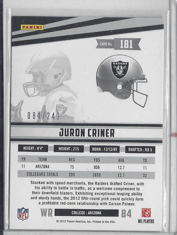 1/1 JURON CRINER 2012 ROOKIES & STARS LONGEVITY RAIDERS RC #D 84/249 JERSEY #84!