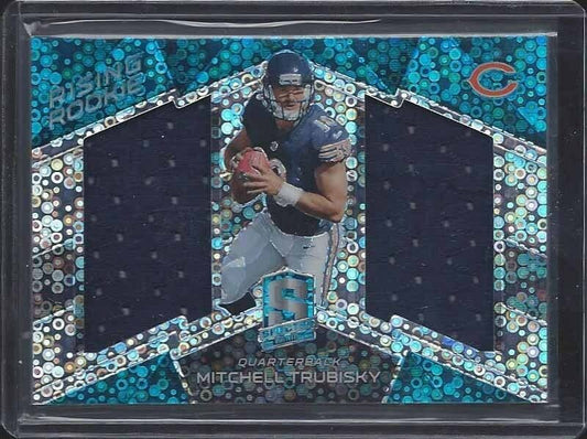 MITCHELL TRUBISKY 2017 SPECTRA RISING ROOKIE NEON BLUE DUAL JERSEY RC #D 34/99