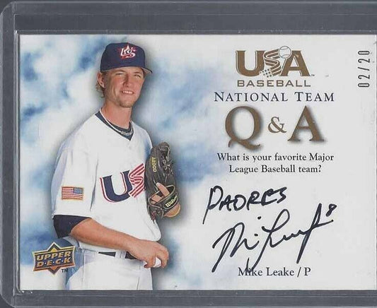 MIKE LEAKE 2008 USA Q&A INSCRIPTION ON CARD PROSPECT AUTO #D 2/20