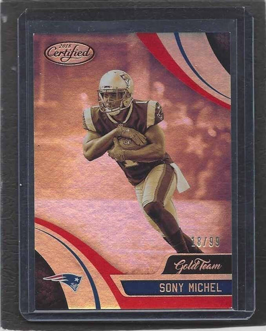 SONY MICHEL 2018 CERTIFIED GOLD TEAM MIRROR RED ROOKIE RC #D 18/99