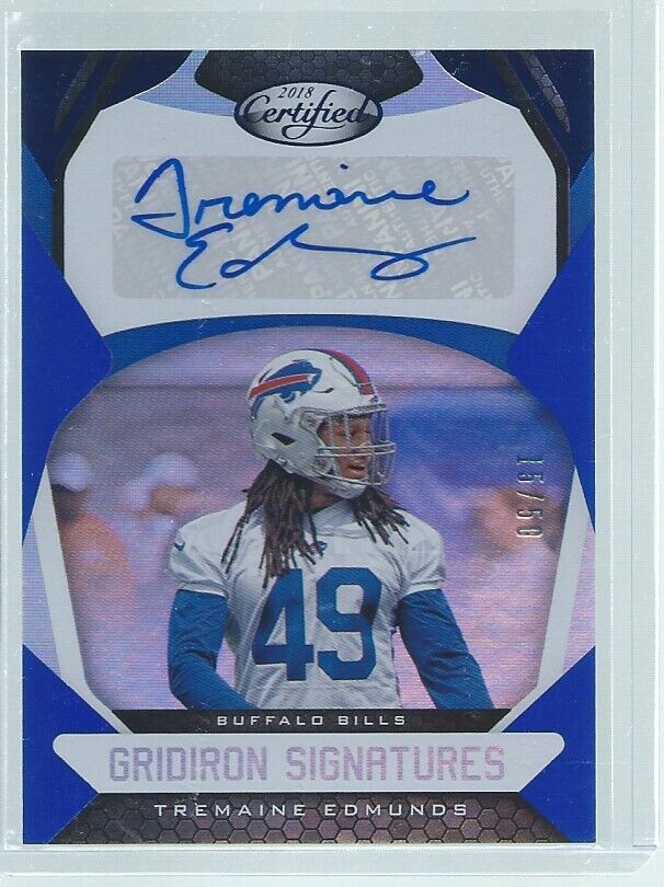 TREMAINE EDMUNDS 2018 PANINI CERTIFIED GRIDIRON SIGNATURES AUTO BLUE RC #D 15/50