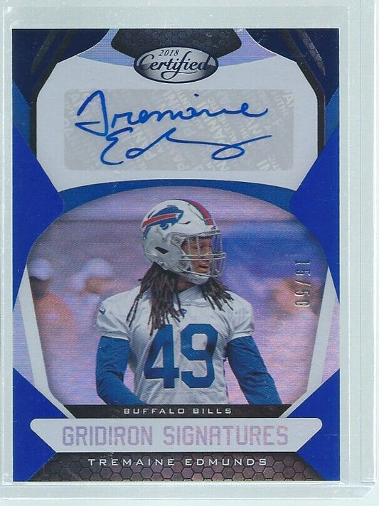 TREMAINE EDMUNDS 2018 PANINI CERTIFIED GRIDIRON SIGNATURES AUTO BLUE RC #D 15/50