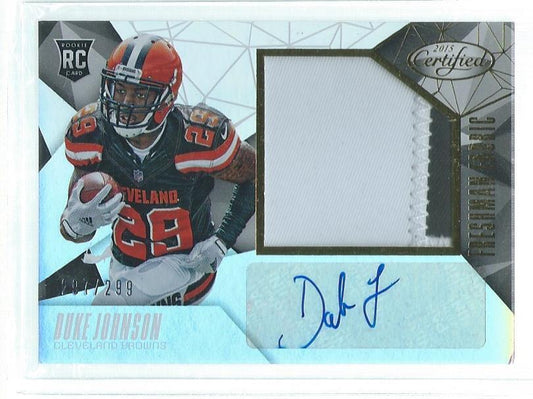 DUKE JOHNSON 2015 PANINI CERTIFIED FRESHMAN FABRIC 2 COLOR PATCH AUTO RC #D /299