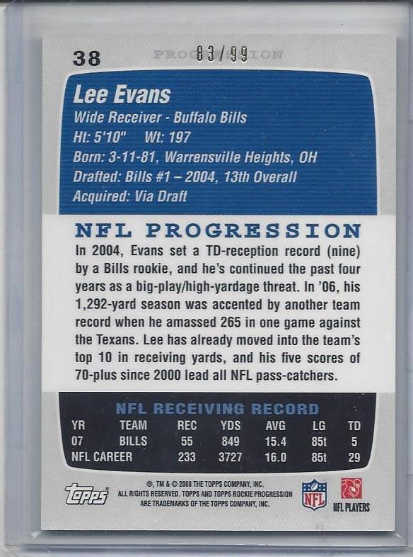 1/1 LEE EVANS 2008 TOPPS ROOKIE PROGRESSION SILVER #D 83/99 HIS JERSEY #83!!!!