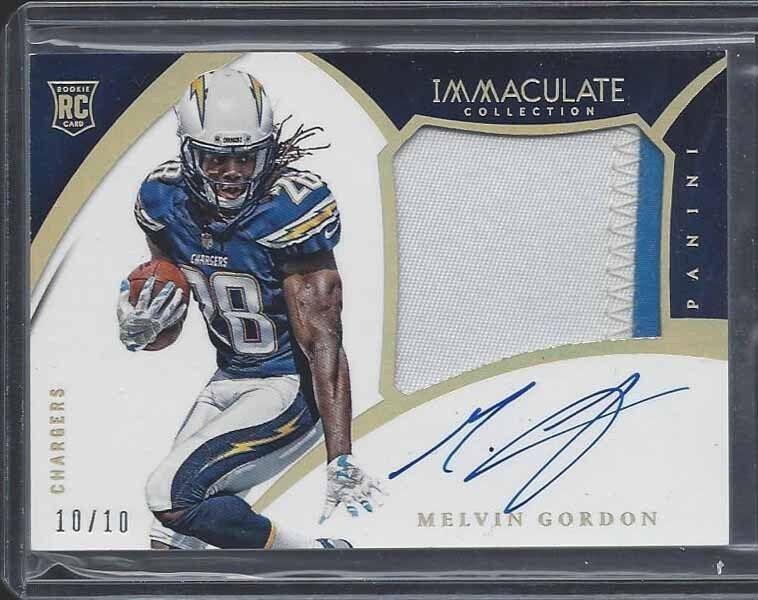 MELVIN GORDON 2015 IMMACULATE GOLD HOLOFOIL RPA JUMBO PATCH AUTO RC #D 10/10