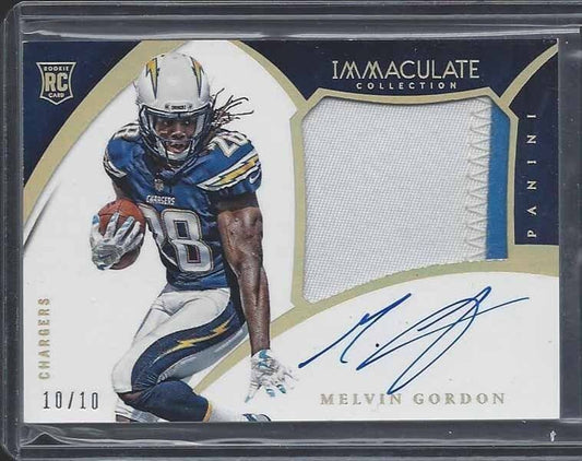 MELVIN GORDON 2015 IMMACULATE GOLD HOLOFOIL RPA JUMBO PATCH AUTO RC #D 10/10