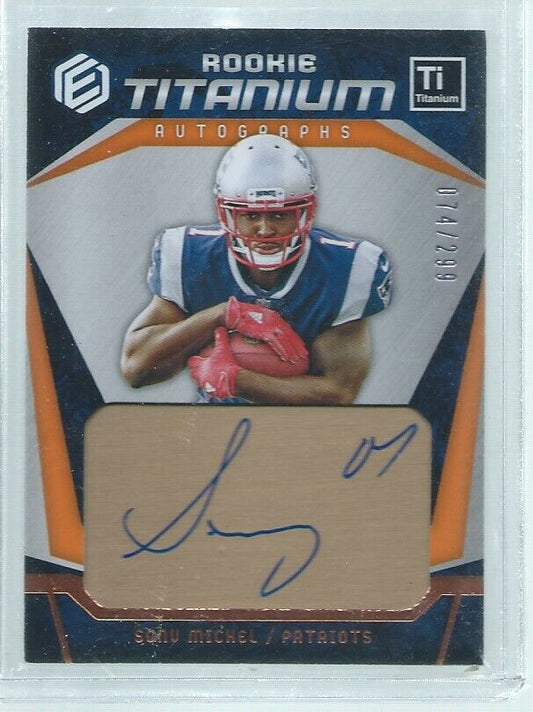 SONY MICHEL 2018 PANINI ELEMENTS ROOKIE TITANIUM ON CARD AUTO RC #D /299