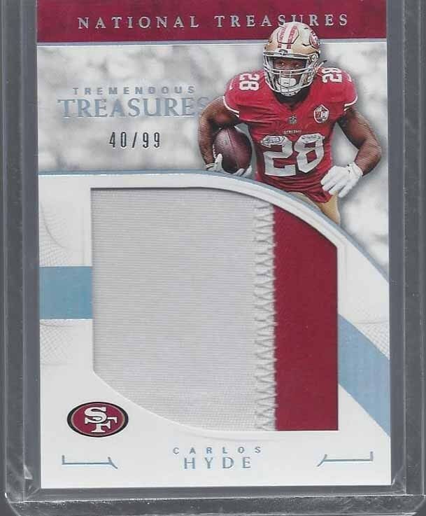 CARLOS HYDE 2016 NATIONAL TREASURES TREMENDOUS JUMBO 2 COLOR 49ERS PATCH #D /99