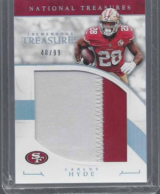 CARLOS HYDE 2016 NATIONAL TREASURES TREMENDOUS JUMBO 2 COLOR 49ERS PATCH #D /99
