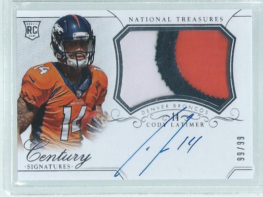 CODY LATIMER 2014 NATIONAL TREASURES 3 COLOR PATCH ON CARD AUTO RC #D /99
