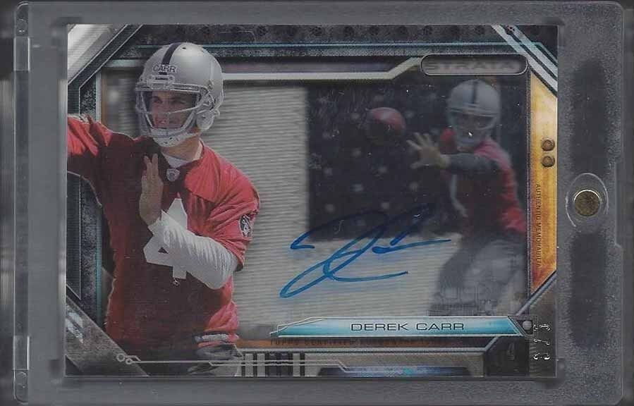 DEREK CARR 2014 TOPPS STRATA RIVET SHADOWBOX JUMBO PATCH ON CARD AUTO RC #D 3/5