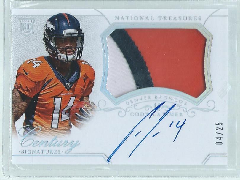 CODY LATIMER 2014 NATIONAL TREASURES 3 COLOR PATCH ON CARD AUTO RC #D 4/25