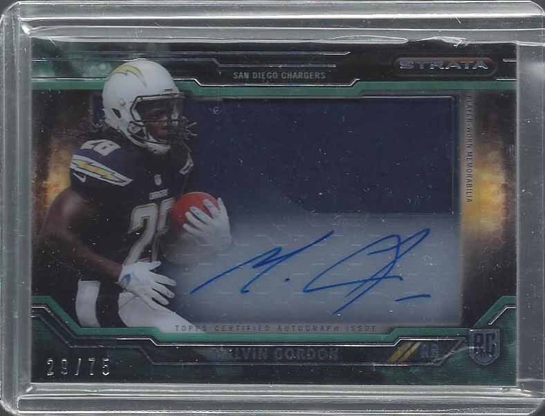 MELVIN GORDON 2015 TOPPS STRATA CLEAR CUT GREEN JUMBO JERSEY AUTO RC #D 29/75