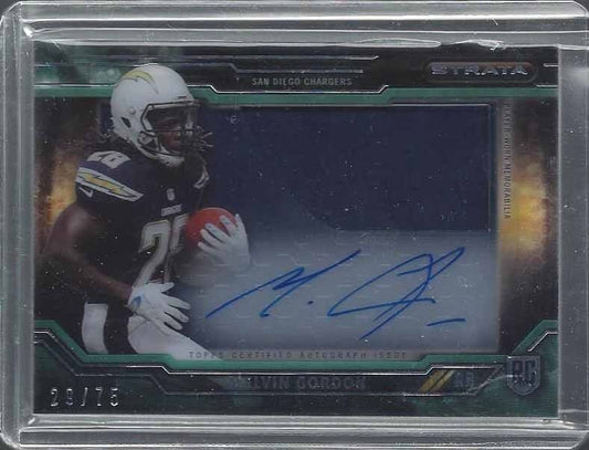 MELVIN GORDON 2015 TOPPS STRATA CLEAR CUT GREEN JUMBO JERSEY AUTO RC #D 29/75
